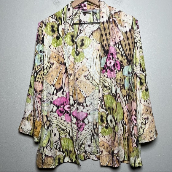 Chico's Women 100% Silk Cardigan Top Large Watercolor Floral Jacquard Open Front - Picture 1 of 8